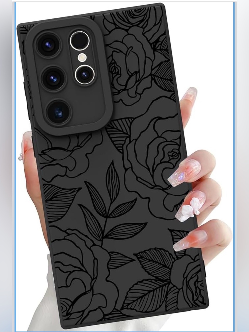 OOK Samsung Galaxy S22 Ultra Case, Silicone Black Flowers Floral Rose Cute New